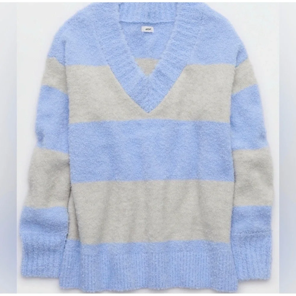 Aerie Teddy Boucle Striped Fuzzy V Neck Sweater Ocean Sky Blue Cozy Oversized XS
